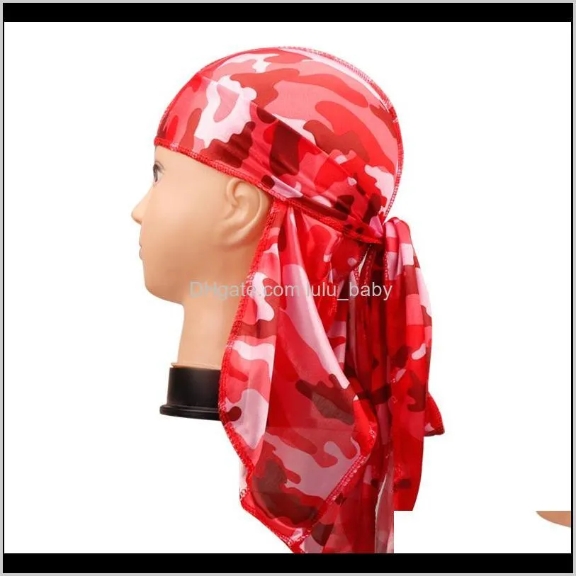 hair accessories camo durag bandanas headband hats for women men do doo du rag hat wave long tail pirate turban head cover cap