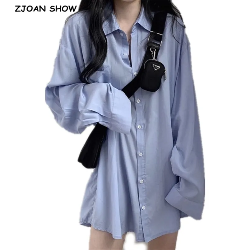 Korea Roupas Chic Lapel Meia Camisa de Oversize Longa Azul Branco Retro Mulher Manga Solta Blusa Casuais BLOUSAS 210429