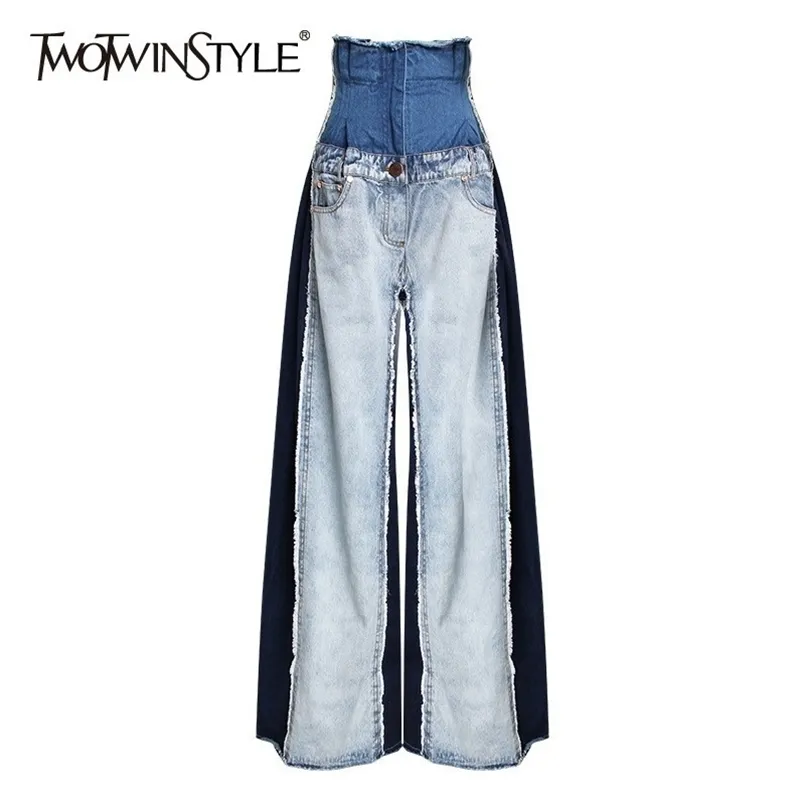 Casual Denim Patchwork Frauen Hosen Hohe Taille Hit Farbe Große Größe Breite Bein Hosen Weibliche Mode Frühling 210521