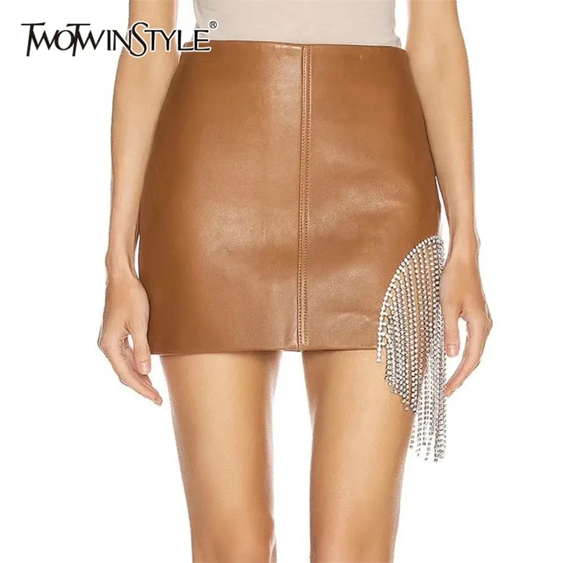 Asymmetrisk patchwork Crystal Tassel Kjolar för Kvinnor Hög midja Mini En Linje Skirt Kvinna Höst Fashion 210521