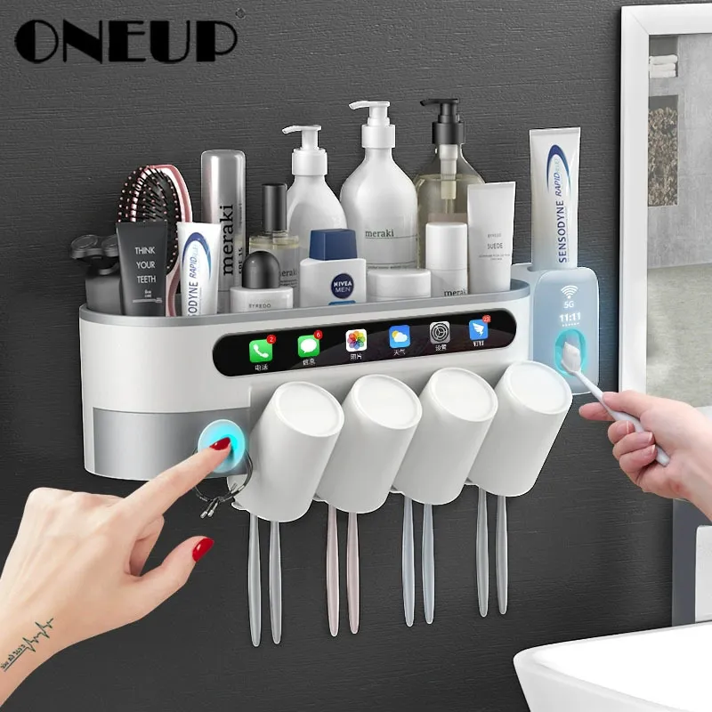 Onep Nouveau porte-brosse à dents Dispositif de dentifrice avec tasse murale pour articles de toilette Stockage cosmétique Accessoires de salle de bain Set 210322