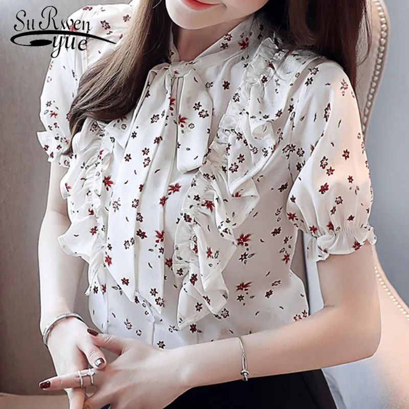 Women fresh clothing blouses and tops summer Lady shorts shirts Bow tie printing pattern short women's top 3992 50 210521