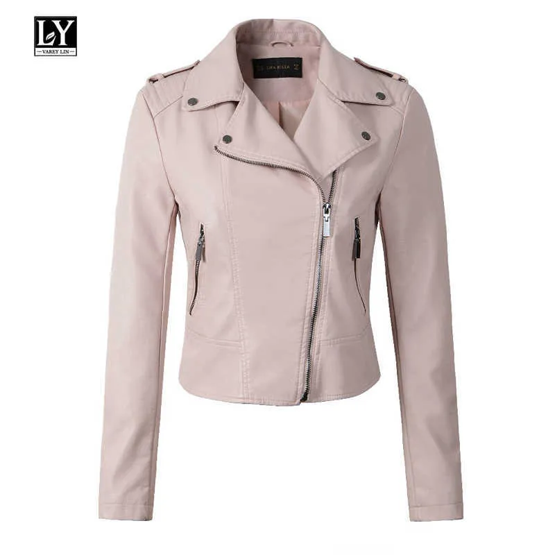 Ly Varey Lin Pu Women Leather Jacket Turn-down Collar Pink Faux Soft Coat Slim Lady Casual Black Outerwear 210526