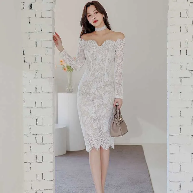 Spring Fashion Lace Dress Women Off The Shoulder Slash Neck Long Sleeve Sexy Slim Sheath Bodycon Party Dresses 210529