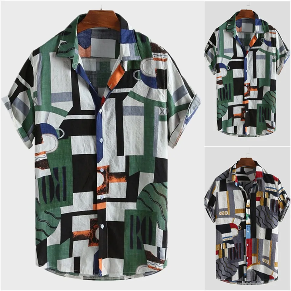 Hawaii Plaj Gömlek Etnik Tarzı Kısa Kollu Gevşek Düğmeler Bluz Tops Mens Tatil Tatil Giyim