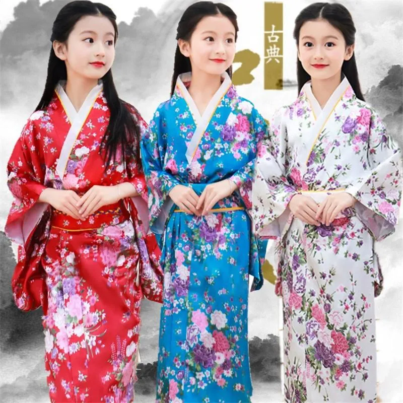 8Color Traditional Japanese Girls Kimono Asian Obi Dress Silk Print Peacock Long Sleeve Fashion Haori Clothing Kids Dresses Ethnic2243