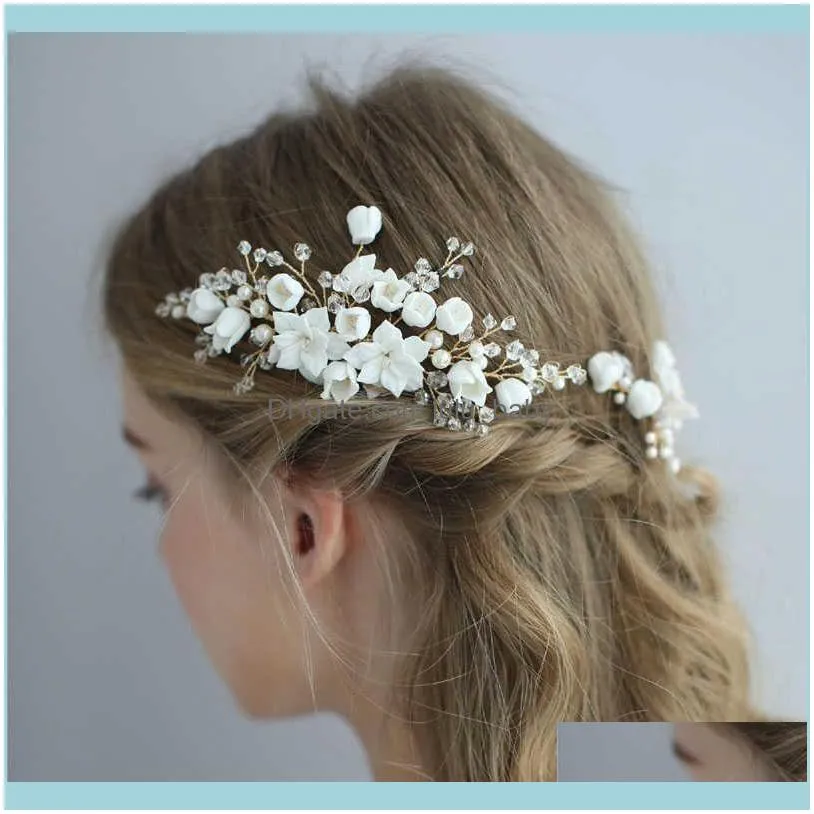 SLBRIDAL Handmade Crystal Rhinestone Simulated Pearls Ceramic Flower Bridal Wedding Comb Hair Pins Stickers Women Jewelry