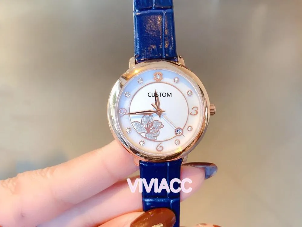 トップラグジュアリー女性幾何学的花腕時計リアルレザークォーツ時計女性ジルコンダイヤモンドスポーツカレンダー腕時計28mm