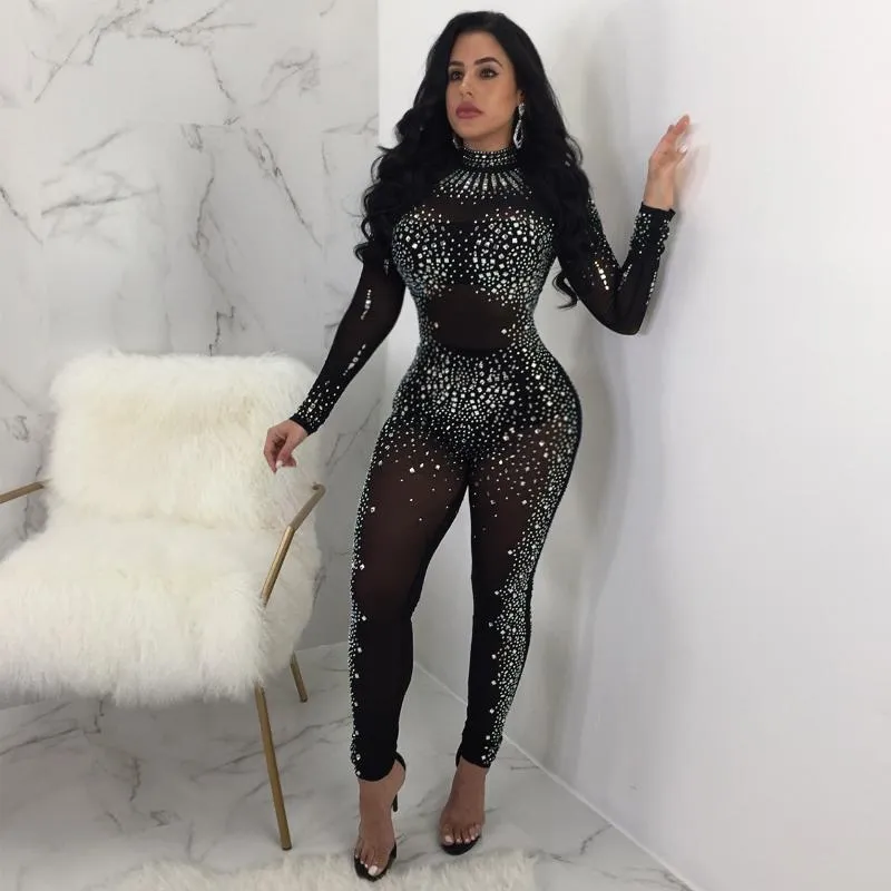 Kadın Tulumlar Tulum Kadın Tulum Rhinestone Pullu Tulum Uzun Kollu Sıska Bodysuits Clubwear Parti Siyah Seksi