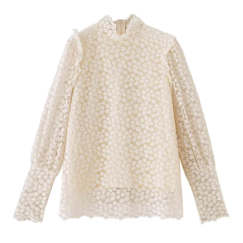 Women White Black Apricot Turtle Neck Shirt Lace Hook Flower Little Daisies Puff Long Sleeve Spring B0751 210514