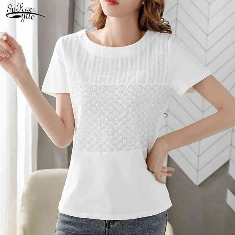 Women's Tops Summer Solid Ladies Short Sleeve Round Collar White Blouse Floral Lace Shirts Blusas Mujer De Moda 8586 50 210508