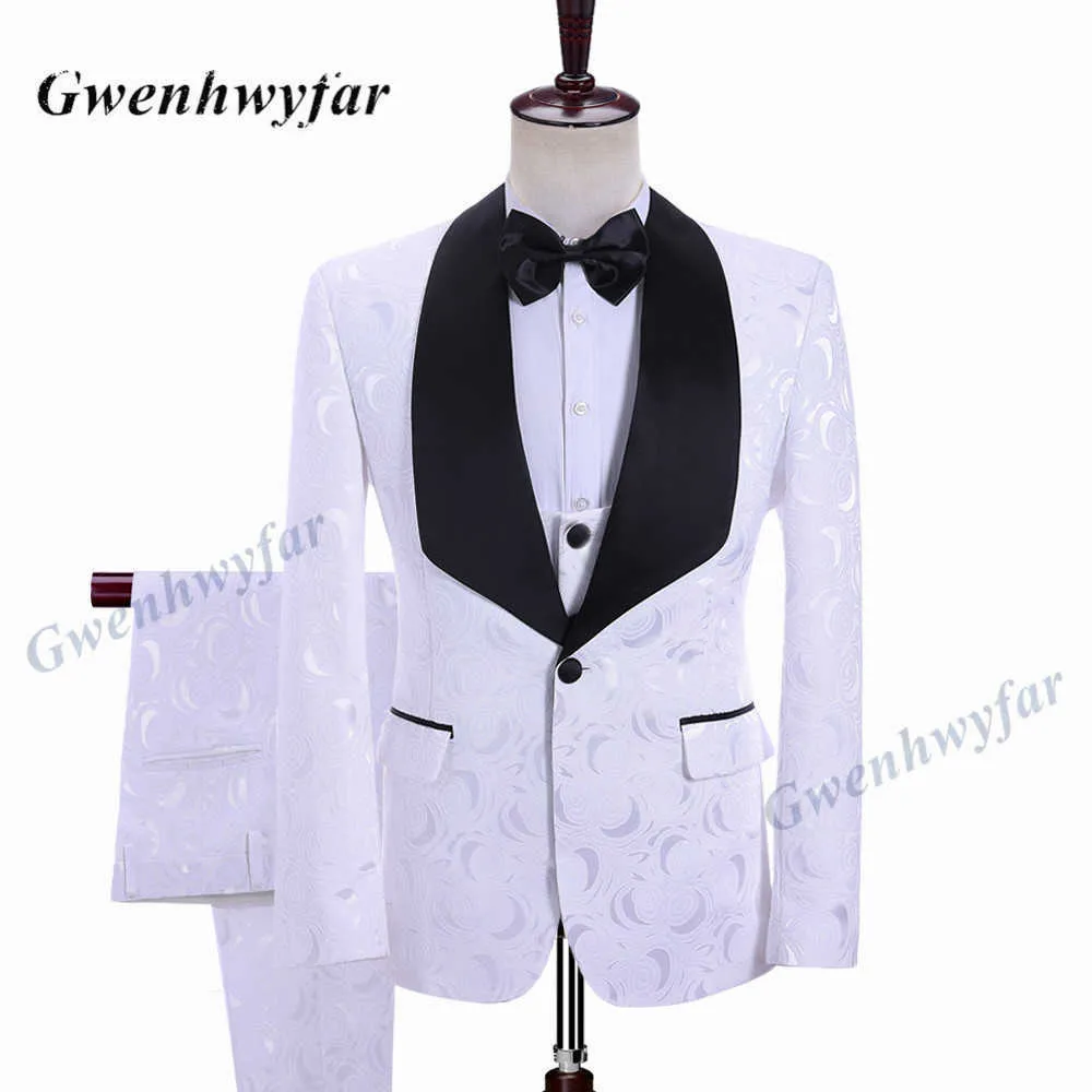 Gwenhwyfar Mens Wedding Suits 2021 Italian Design Custom Made White Moon Jacquard Tuxedo Jacket 3 Piece Groom Terno Party Suit X0909