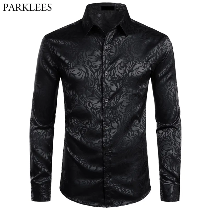 Mäns Blom Black Dress Shirts Snygg Långärmad Steampunk Män Party Club Bar Social Male Chemise Homme 210721