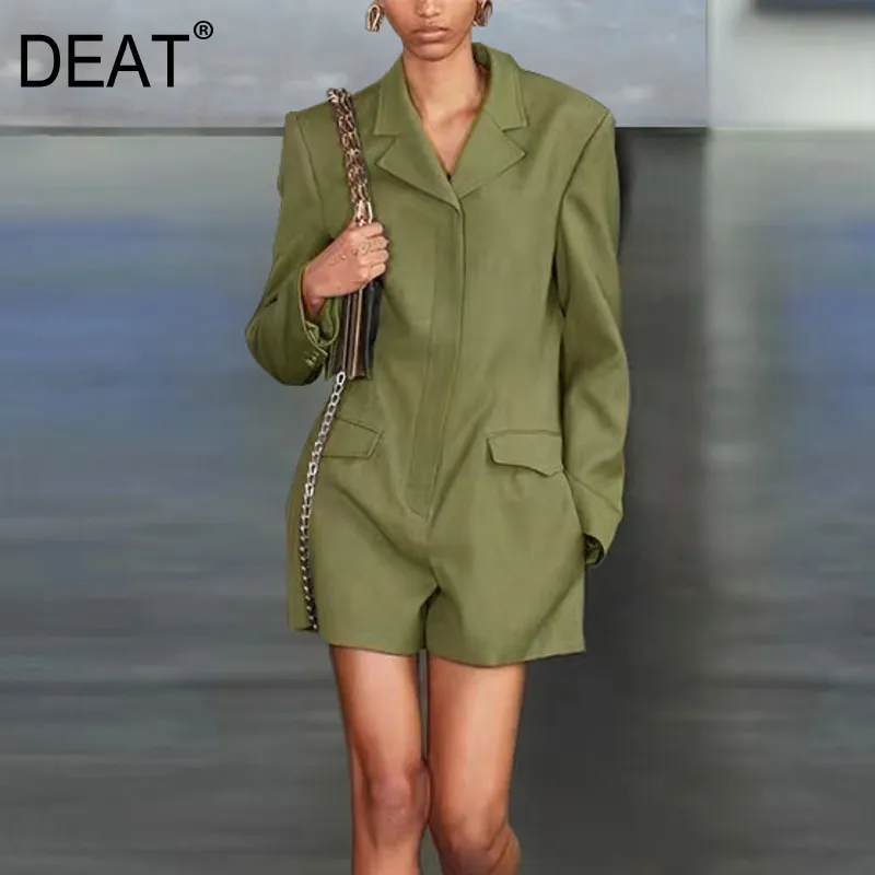 New Long Sleeve Turn-down Collar Single Breasted Patchwork Pockets Loose Fit Fashion Tide Green Short Jumpsuit 7E8118 210428