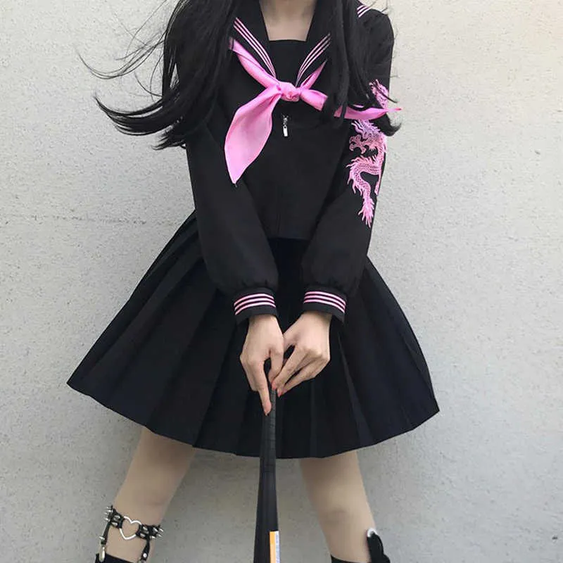 Gotycki dwuczęściowy Lato JK Uniform Kawaii Wysokiej talii Spódnica Set Moda Vintgae Harajuku College Y2K Ins Plised Women Suit 210608