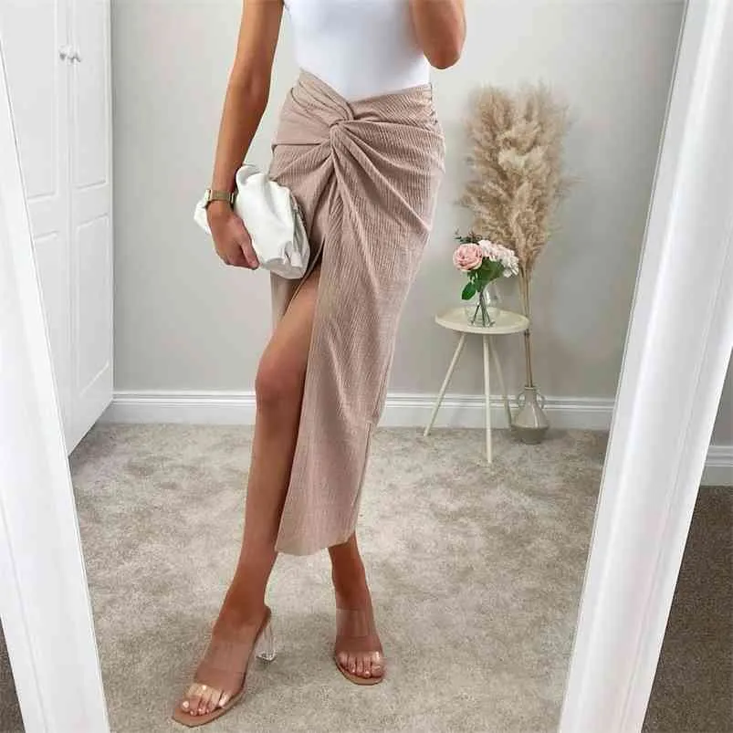 Bowknot slit lång kjol khaki kvinnor hög midja maxi faldas mujer casual sommarbottnar 210427