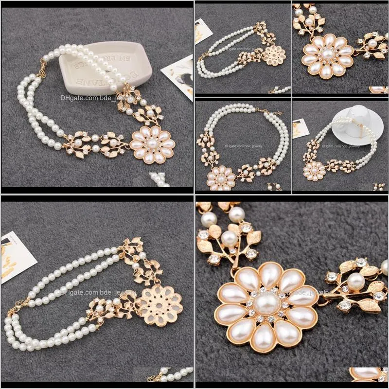 wholesale women statement necklace luxury simulated pearl chain rhinestone crystal flower choker work necklace bead dff0657