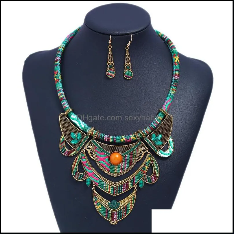 Popular retro ethnic tribal jewelry cloth pattern earrings two-piece set accessories women