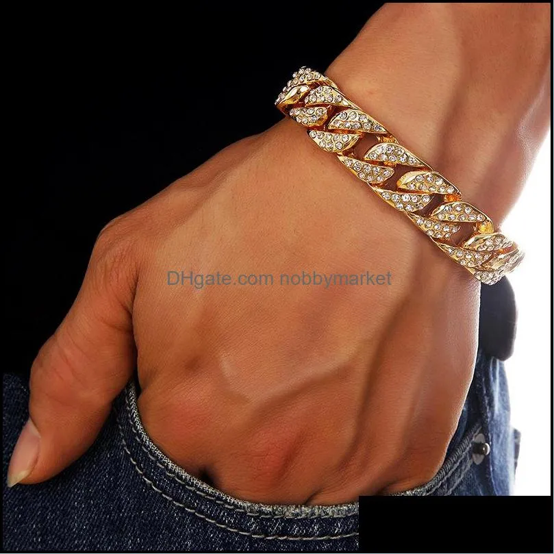 Link, Braceletes de Cadeia Jóias Hip Hop Iced Out Bling Moda Moda Miami Cubana Link Bangle Masculino Hiphop Rapper presentes entrega 202