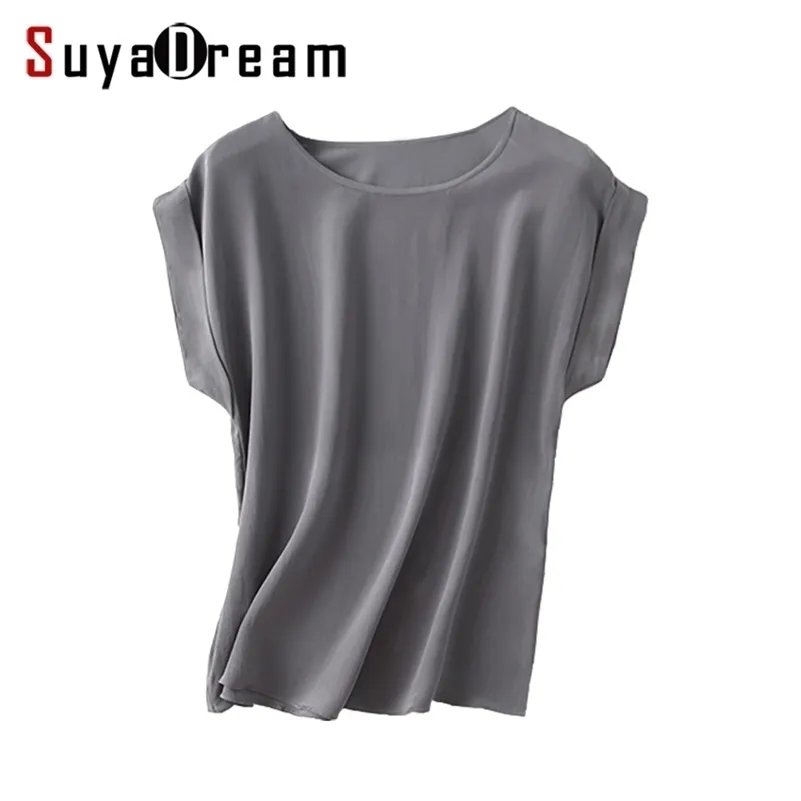 Mulheres Real Silk Camiseta Bastão Curto Ruevo Sólida Chiffon Loose Camisa 100% Natural Silk Basic Top Plus Size Verão Bottoming 210317