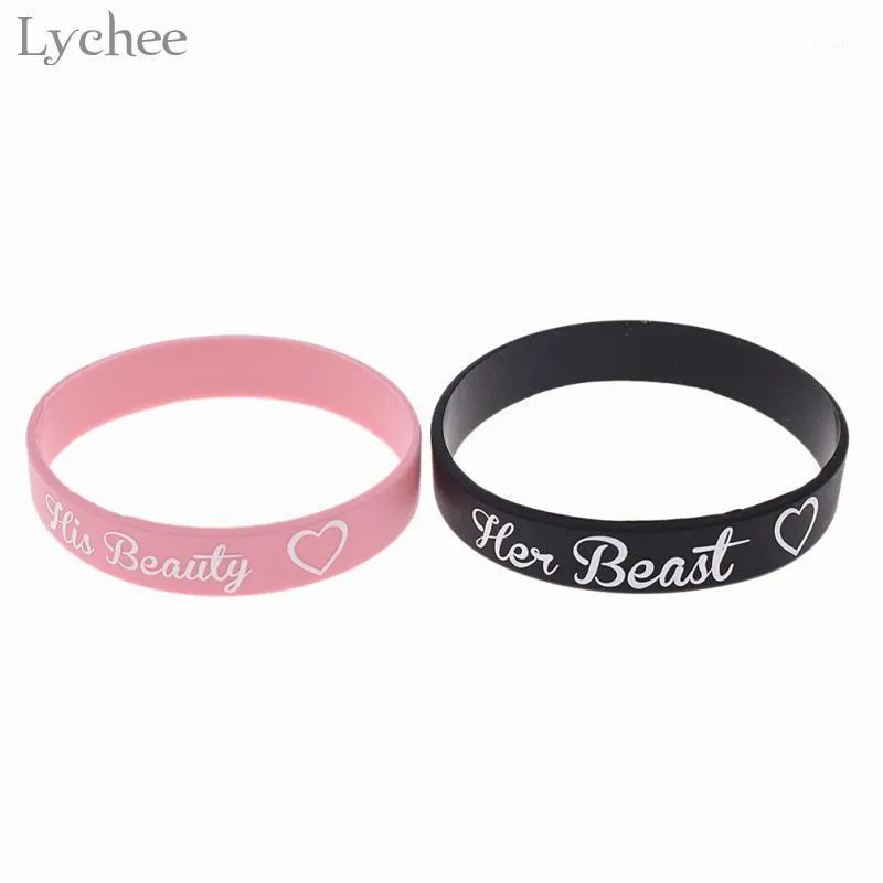 Lychee Trendy 2st Silicone His Beauty Her Beast Par Armband Unisex Black Pink Color Bangles smycken för män Kvinnor Bangle