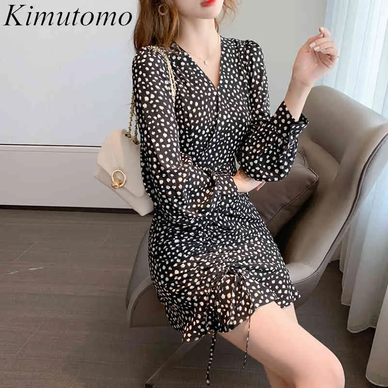 Kimutomo Frauen V-ausschnitt Rüschen Kleid Frühling Blumen Druck Kurze Chiffon Kordelzug, Figurbetontes Kleid Korea Chic Mode 210521