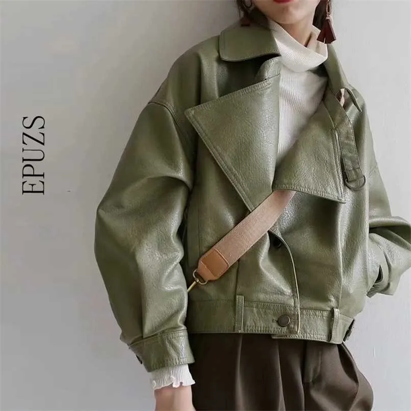 women faux leather jacket women long sleeve green PU coat Streetwear Punk motorcycle jacket casual ladies outwear 211007