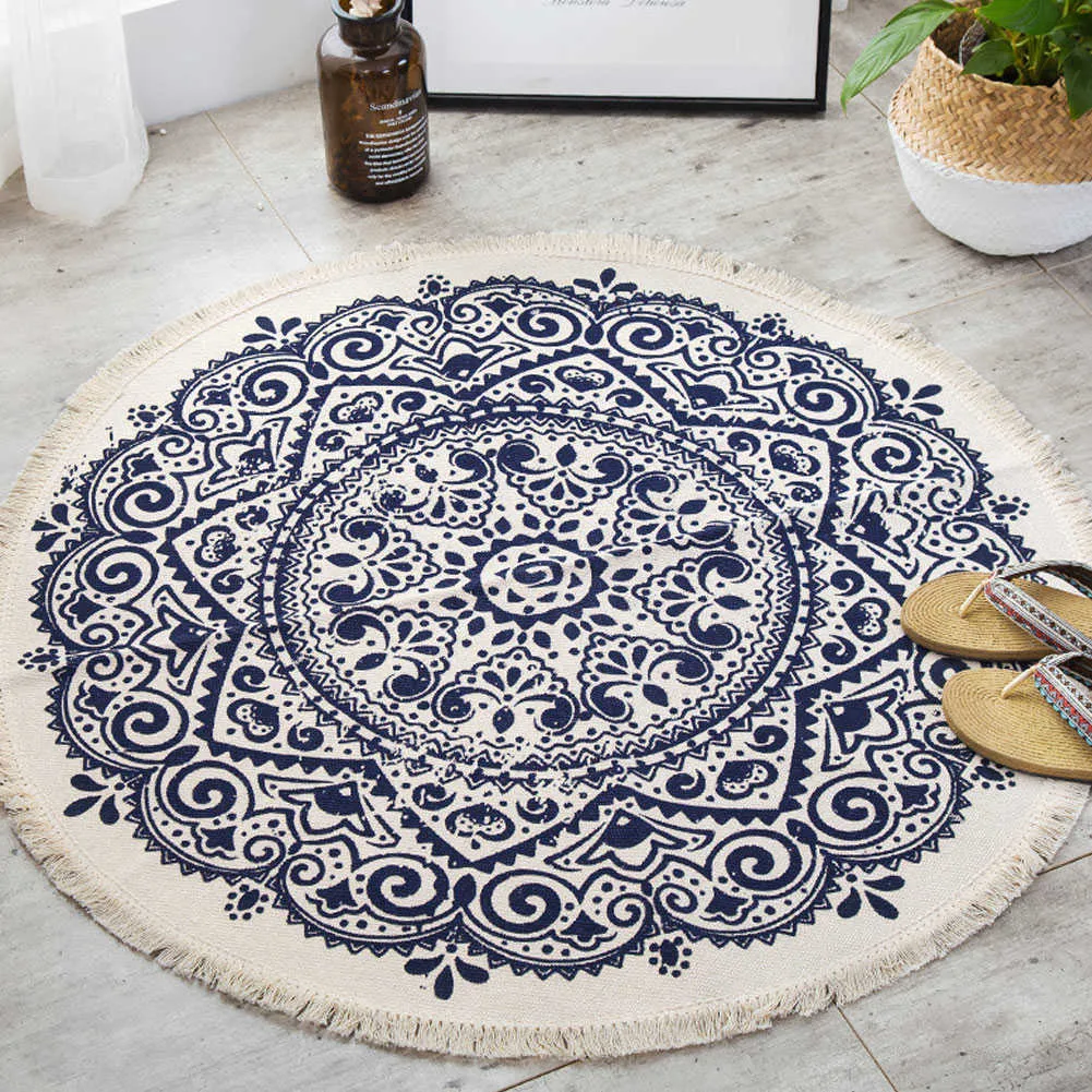 Nordic Ethnic Simple Style Round Rug Non-Slip For Bedroom Bohemia Woven Cotton Rug Carpet Knitting Floor Mat With Tassels 92cm