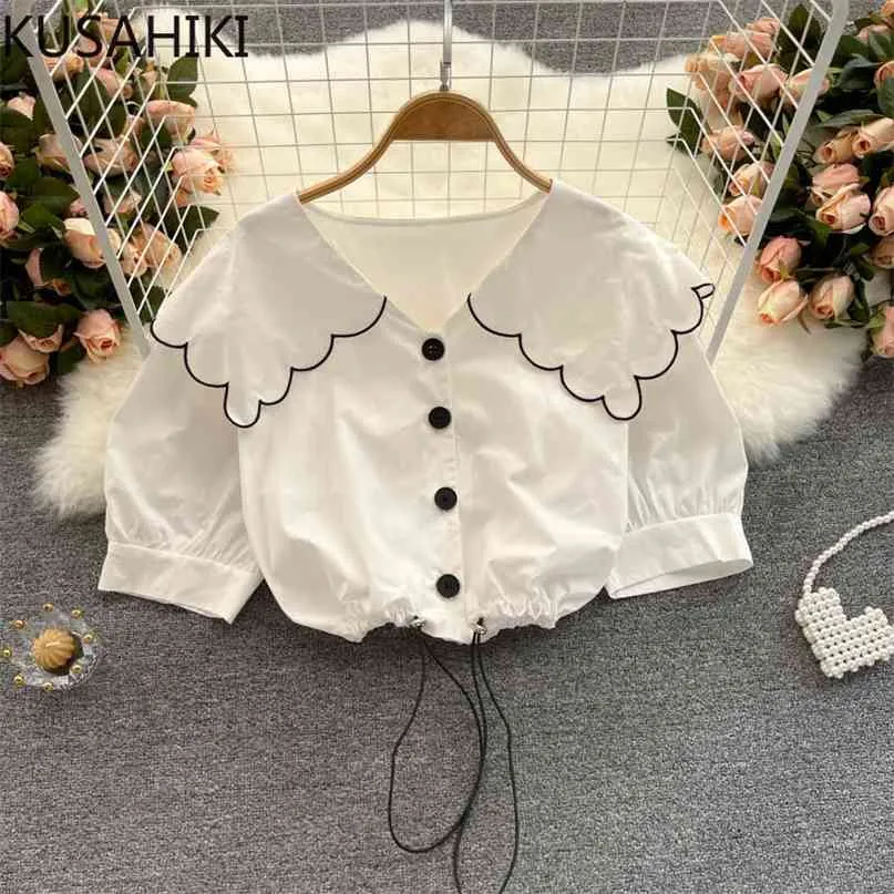 Kvinna Toppar Koreansk Drawstring Slim Short Blouse Broderi Peter Pan Collar Puff Sleeve Shirt Camisas Mujer 6h894 210603