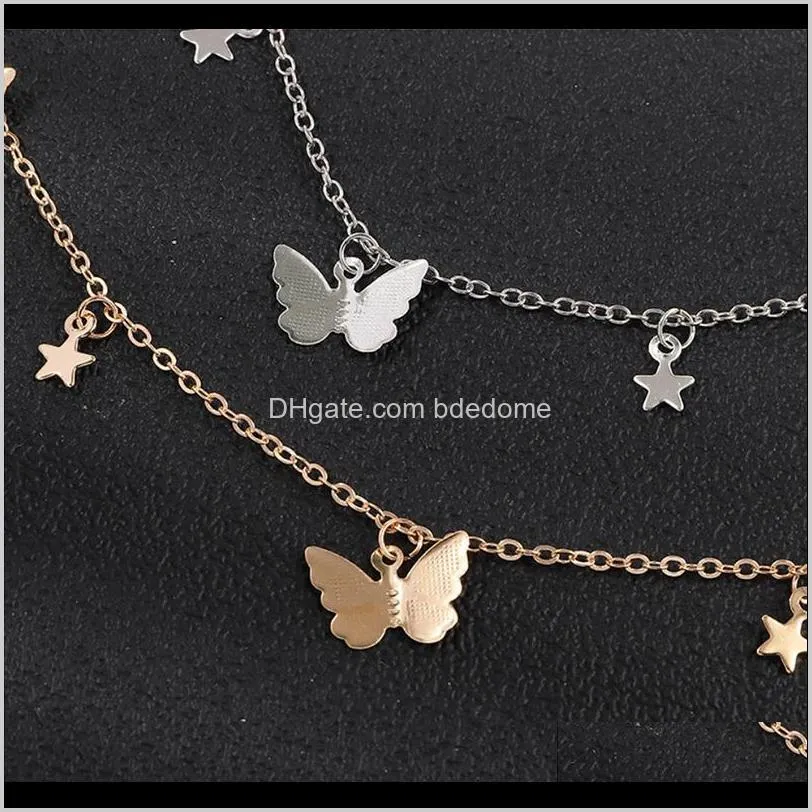 two layers necklace choker butterfly star bead pendant gold silver color plated alloy chain women 2020 fashion jewelry