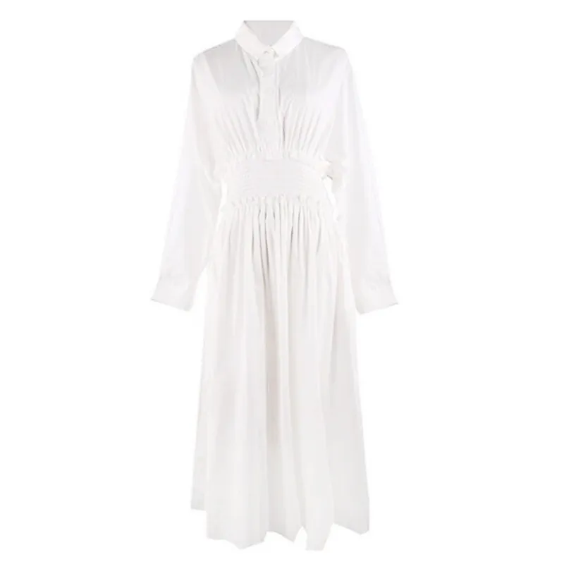 Blanc solide col rabattu chemise robe bouton manches longues pleine midi automne D0610 210514