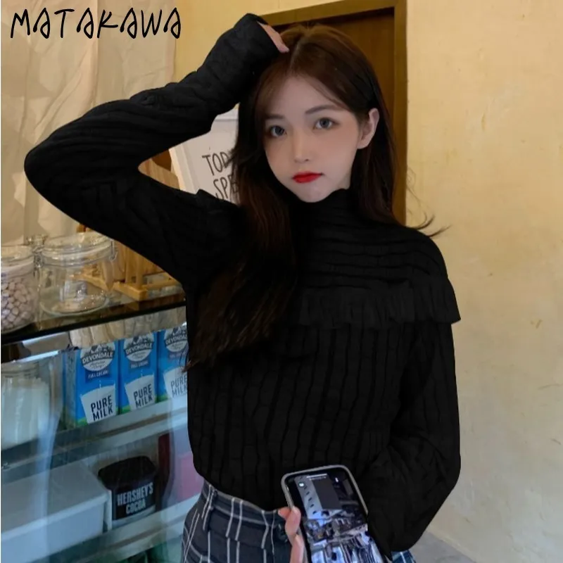 松川春のファッション韓国の純粋な色の女性のブラウスシフォンタートルネックBlusas Lantern Sleevesレースレディースシャツ210513