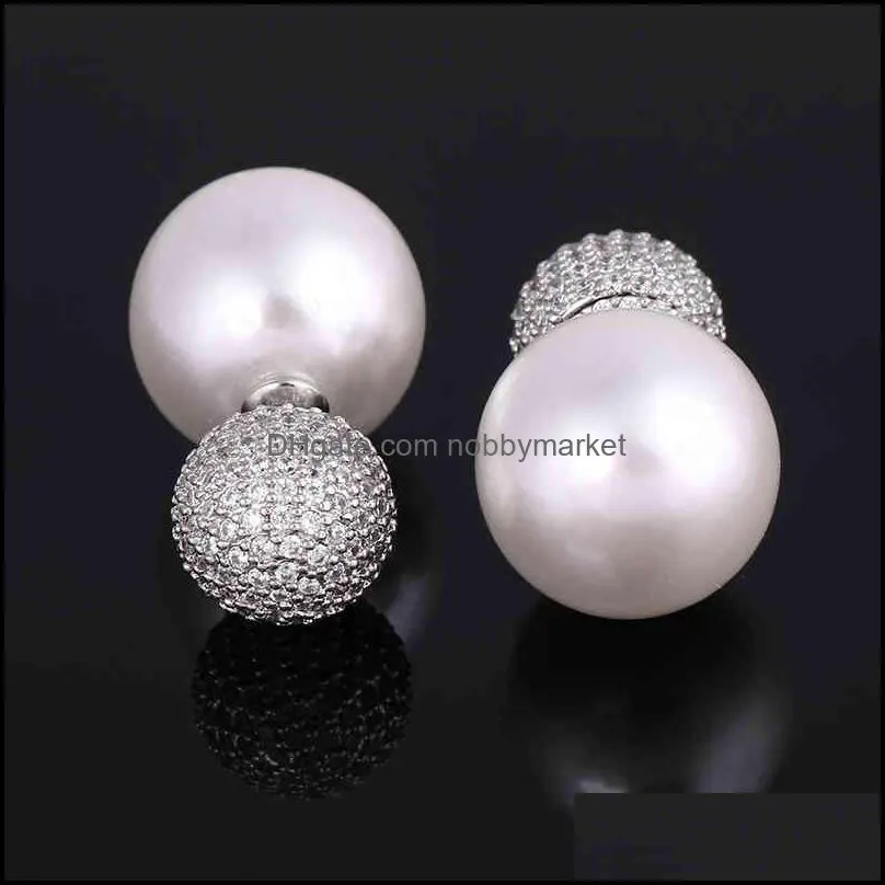 XIUMEIYIZU Luxury 15mm Simulated Pearl Bubble Earring Full Prong Cubic Zirconia Reversible Double Ball Rhodium Stud Earrings 210323