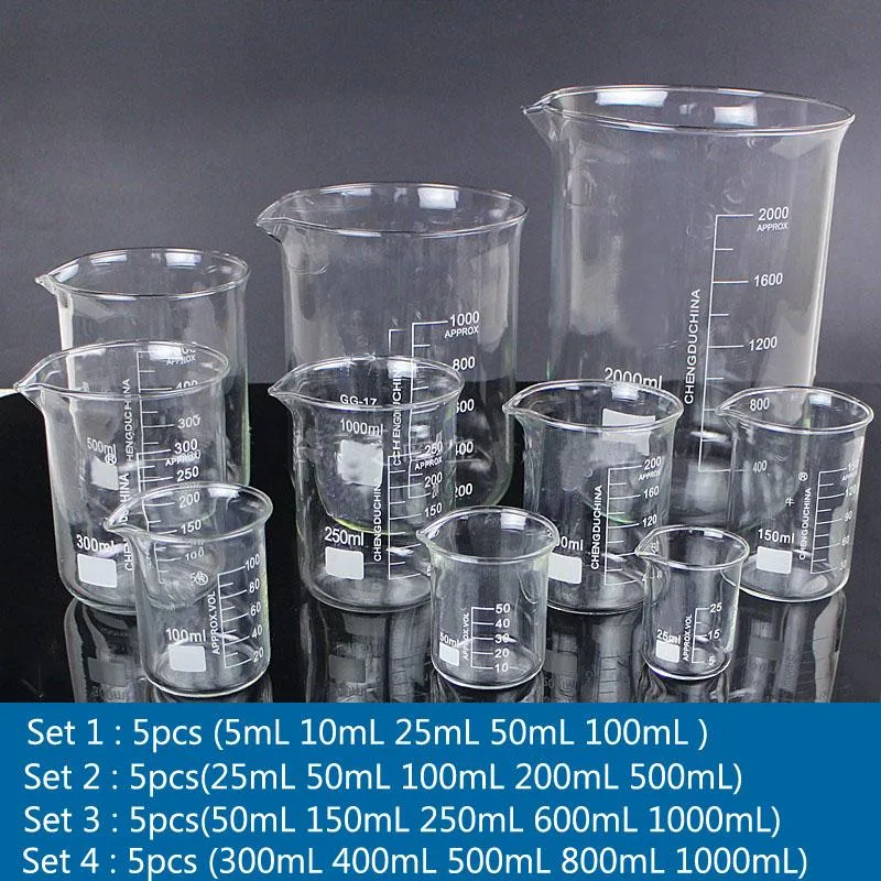 Lab Supplies 1Set Borosilicate Glass Beaker Alla storlekar Experiment Laboratorieutrustning