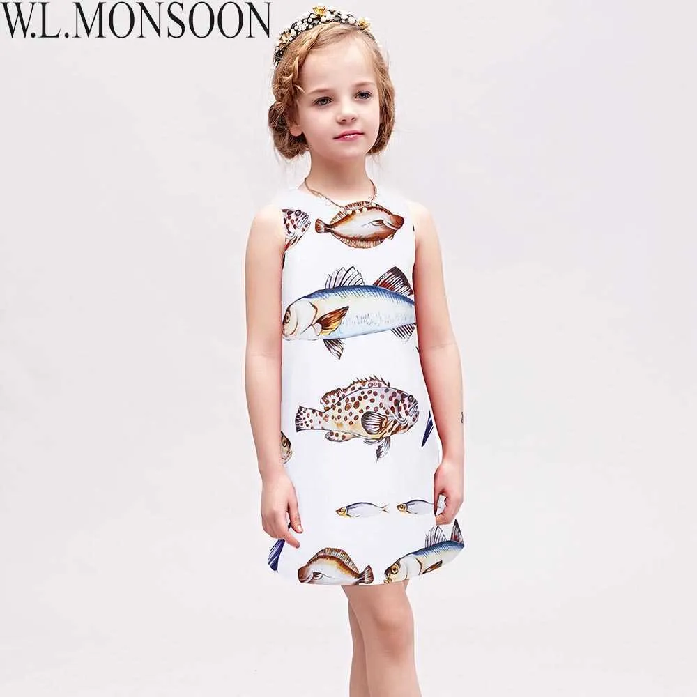 w.l.monsoonの女の子のドレス魚の模様の王女の夏のドレス子供の衣装ノースリーブブランド子供服Robe ille enfant Q0716