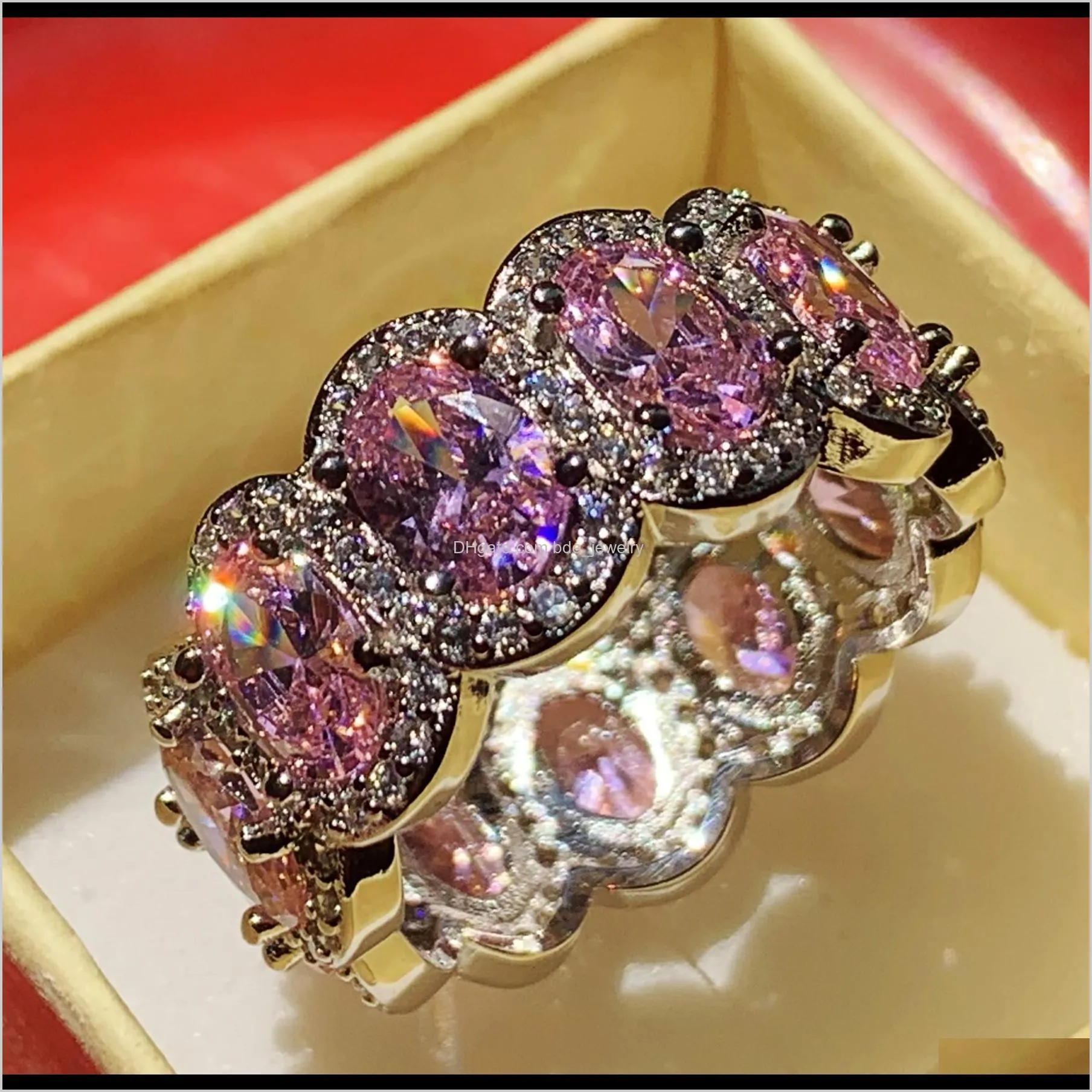 sparkling luxury jewelry party 925 sterling silver full oval cut pink sapphire cz diamond gemstones eternity women wedding band ring