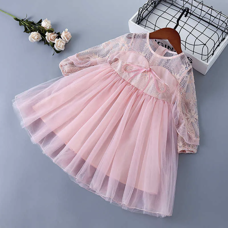 3-7 anni di alta qualità primavera vestito dalla ragazza pizzo chiffon fiore drappeggiato increspato bambino abbigliamento per bambini principessa 210615