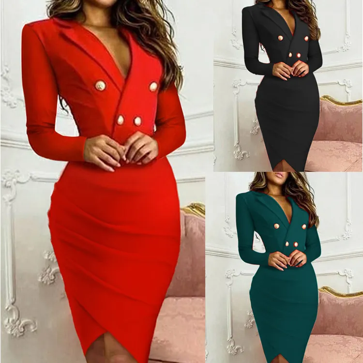 Elegant Party Women Dress Slim V Neck Long Sleeve Mid Calf Pencil Office Lady Solid Red Robe