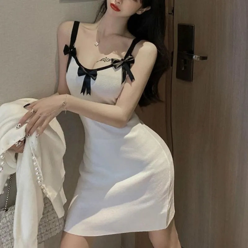 Sexy Dress For Sex Night Spring Summer Knitted Spaghetti Strap Dresses Women Bow Suspenders Midi Korean Sleeveless Vintage Casual
