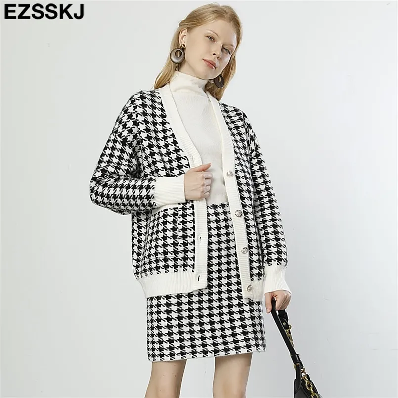 أبيض أسود سميك houndstooth سترة بالأزرار سترة السيدات المرأة سميكة سترة معطف الخامس الرقبة سترة سترة معطف أبلى 211215