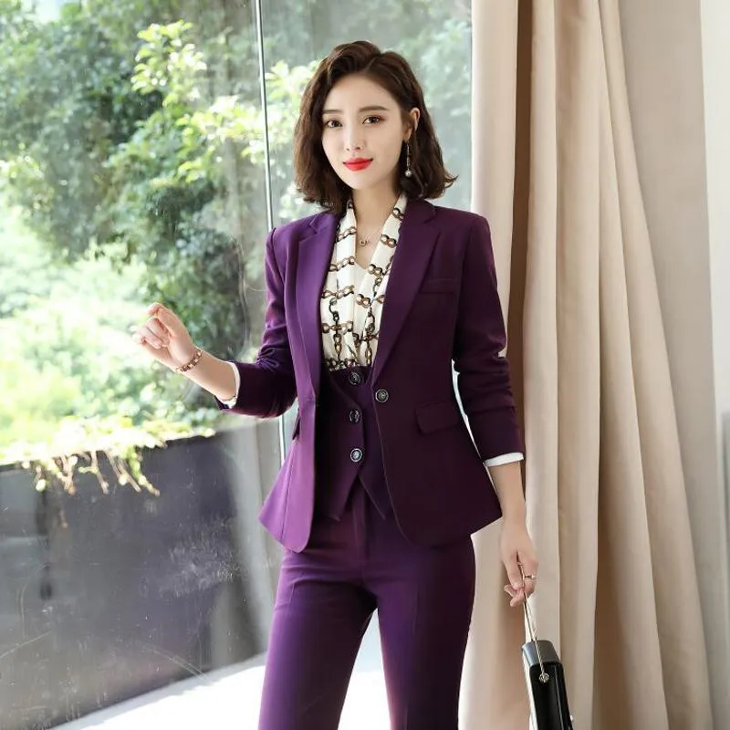 Costumes pour femmes Blazers IZICFLY Style Violet 3 Pièces Costume Femmes Pantalon Gilet Et Blazer Ensemble Bureau Uniforme Élégant Pantalon D'affaires Avec V