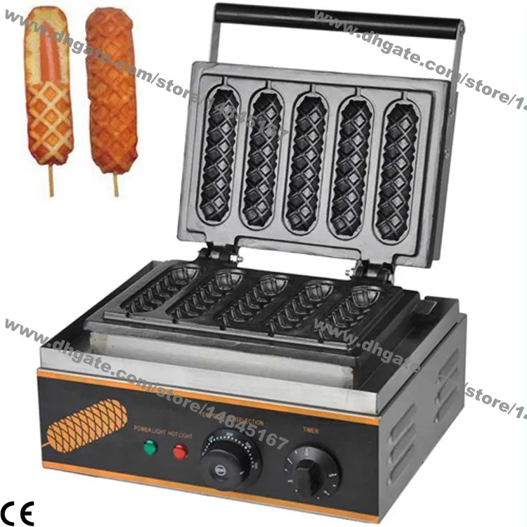 Kommersiell användning Non-Stick 110V 220V Electric 5PCS 14cm Fransk varmkorv på en pinne Waffle Maker Iron Baker Machine