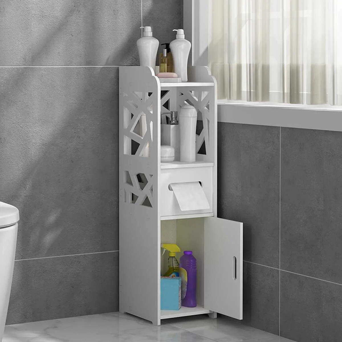 Kleiner Badezimmer-Aufbewahrungs-Eckbodenschrank mit Türen und Regalen, dünner Toiletten-Waschtischschrank, schmaler Bad-Waschbecken-Organizer 210705