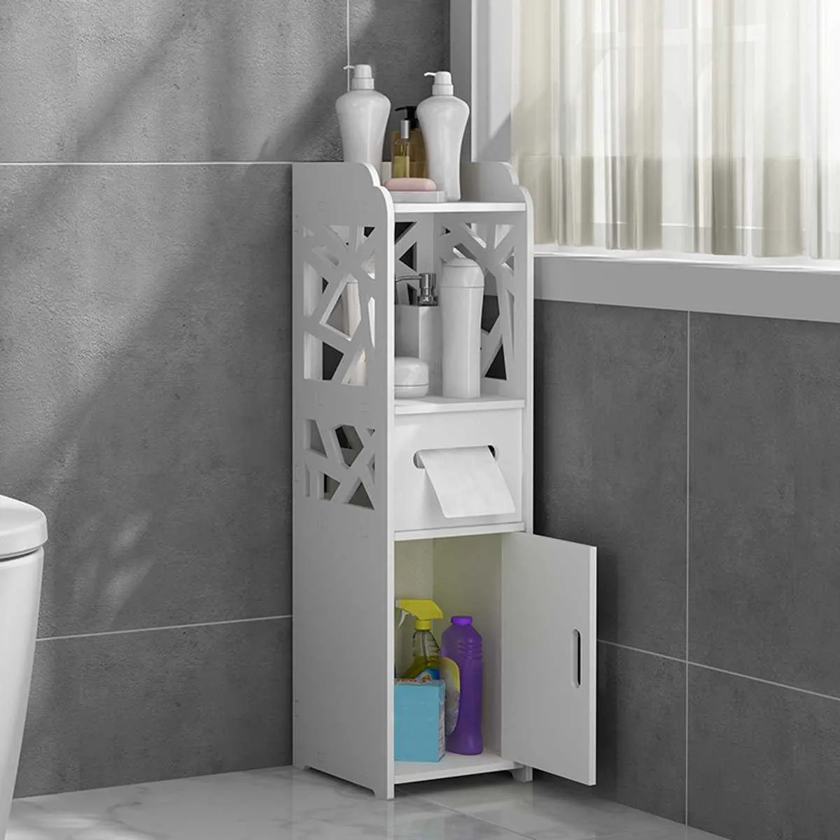 Piccolo mobiletto ad angolo per riporre il bagno con ante e ripiani Mobiletto per WC sottile Organizzatore per lavabo stretto 210705