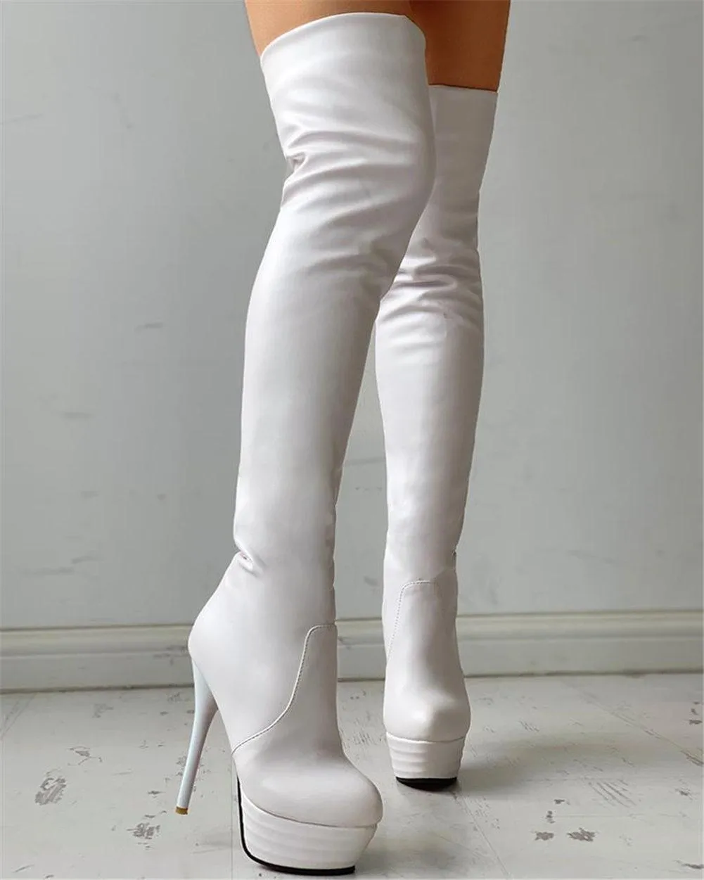 Sexy pequeno mais tamanho 31-46 inverno adicionar plataforma de pele extrema fetiche fino fino sapatos festa mulheres tendência de moda sobre joelho botas femininas