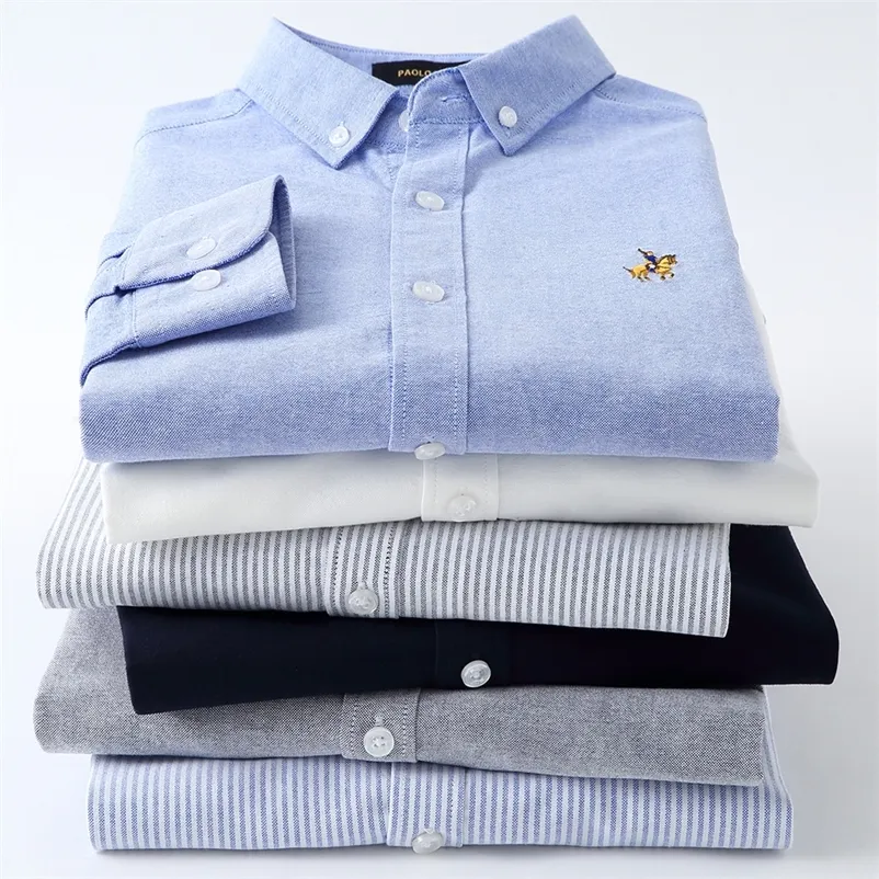 Lässige Oxford-Hemden aus reiner Baumwolle mit Streifen für Herren, langärmelig, Stickerei-Design, normale Passform, modisch, stilvoll, 220222