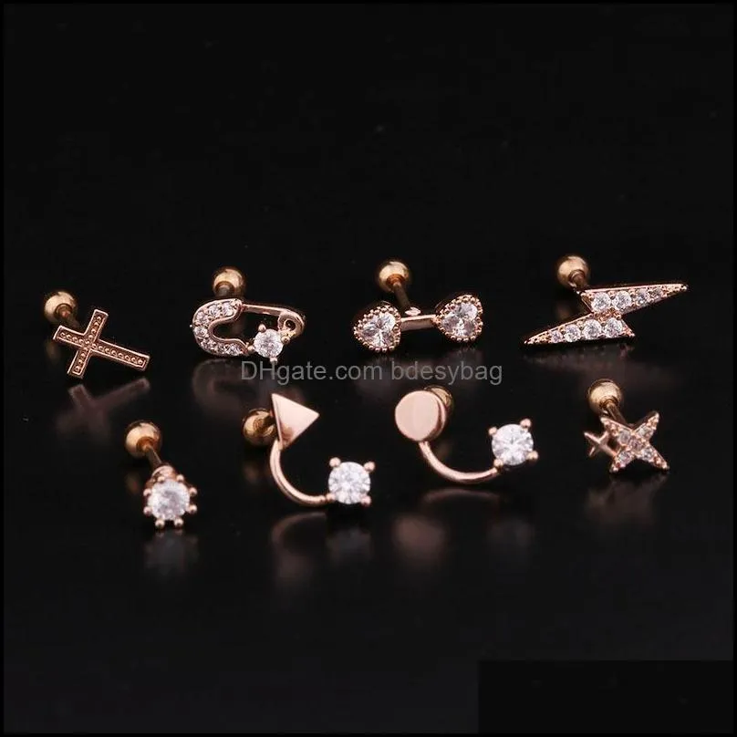 Stud Single One Cute Mini Cross Star Ear Bone Cuff Earrings Shiny CZ Zircon Double Sided Stainless Steel Ball Bar Jewelry