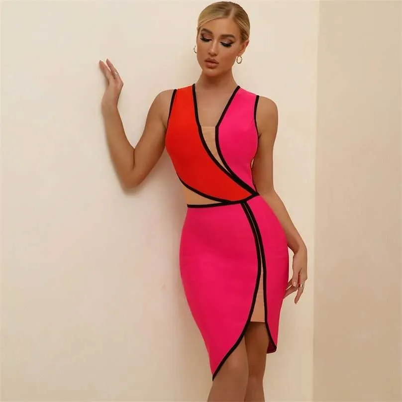 Bandage Klänning För Kvinnor Sommar Rosa Party Klänning Elegant Mesh Insert Lady Sexy Bodycon Dress Evening Födelsedagklubb Outfits 211206