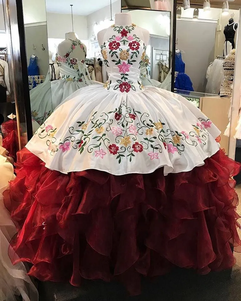 화이트 부르고뉴 자수 레이스 Organza 공 가운 Quinceanera 드레스 러프 스커트 달콤한 15 16 드레스 Vestidos 15 Anos Party Gowns