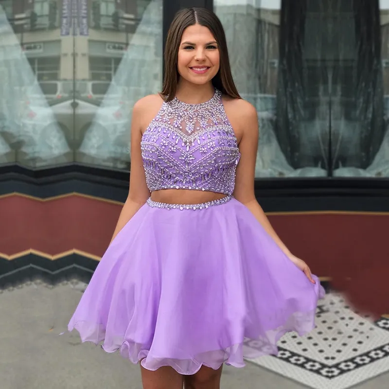 Encantador dois pedaços definir luz moda roxo vestidos de casa de casa a linha curto vestido de cocktail feitos sob encomenda